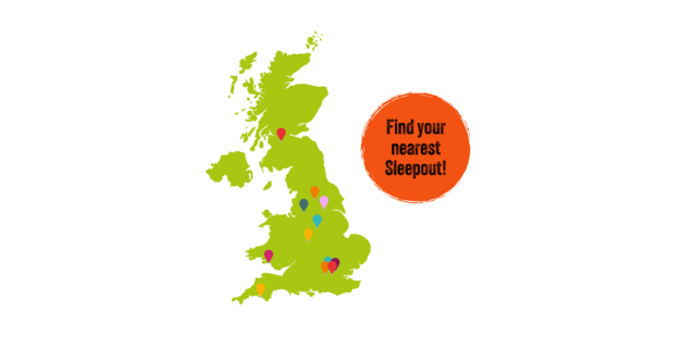 A map of the UK showing the big sleep out locations