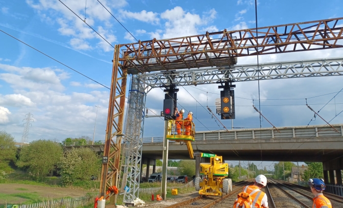 blue sky with old signals replaced with new