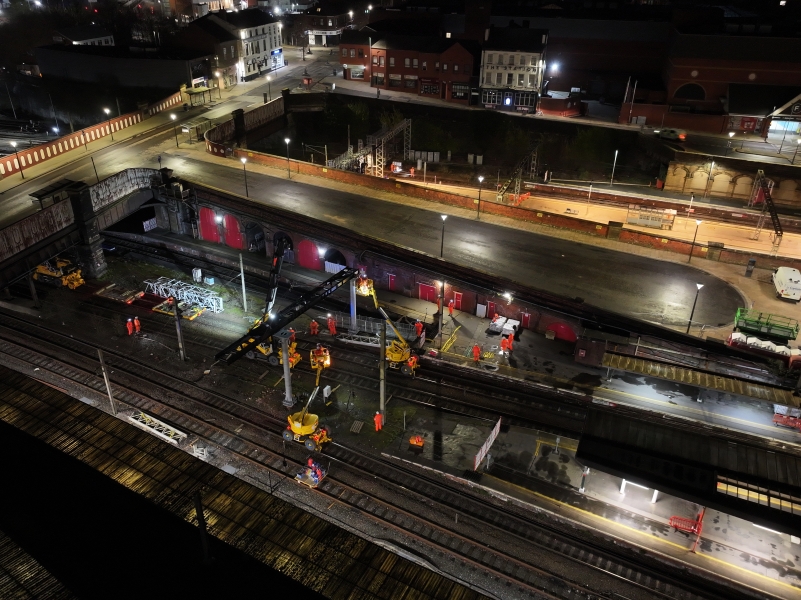 aerial image of signalling gantry installation