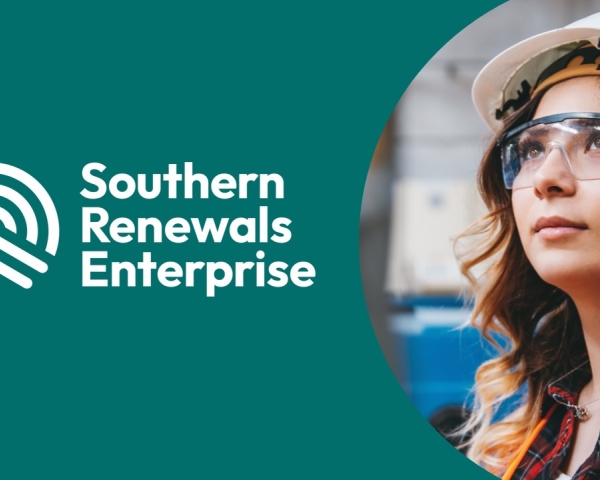 brand logo and women staring up in PPE